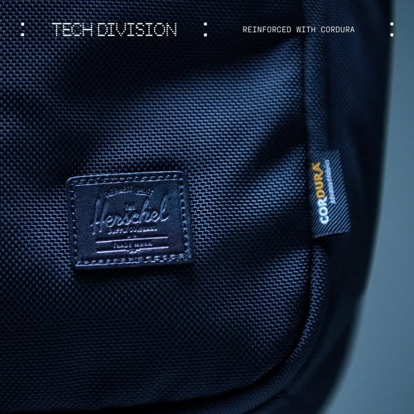 This ad highlights the rugged durability of Herschel Tech Division bags, due to their Cordura reinforcement.