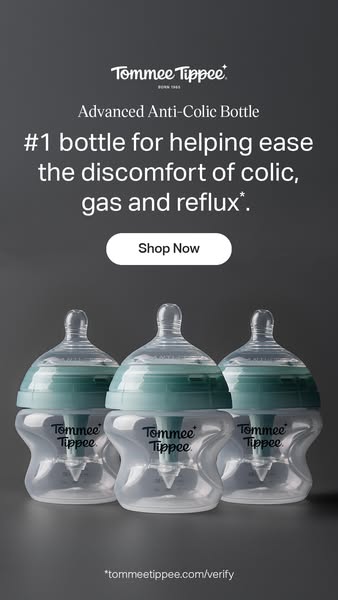 This ad features three Tommee Tippee Advanced Anti-Colic Bottles against a gray backdrop, emphasizing their effectivenes