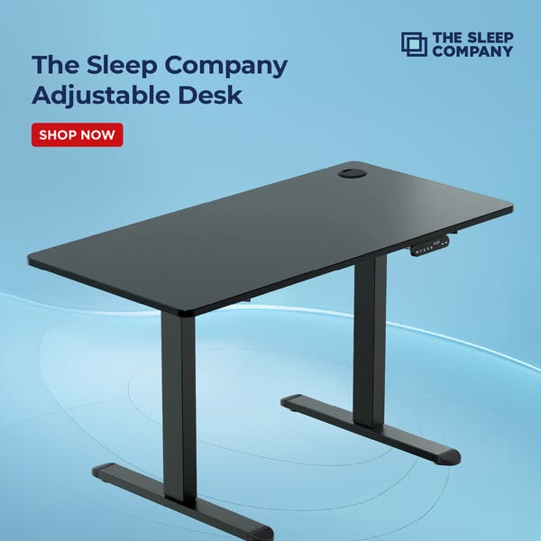 This ad features a sleek and modern adjustable desk from The Sleep Company, highlighted against a calming blue gradient 