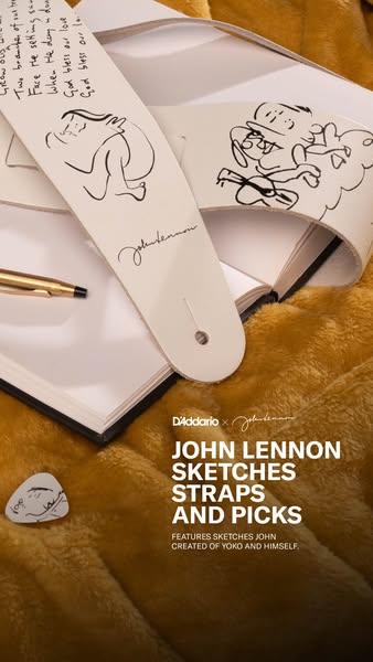 This image ad promotes guitar straps and picks featuring sketches from John Lennon and Yoko Ono in collaboration with D&