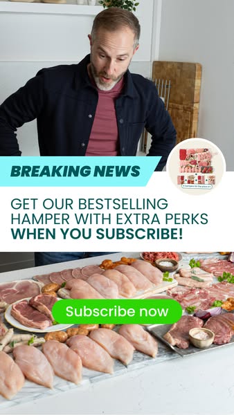 This ad promotes a meat hamper subscription service, highlighting extra perks for subscribers. It uses a 'breaking n