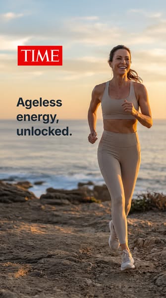 This image ad shows a woman running on a shoreline at sunrise. The ad promotes vitality and agelessness.