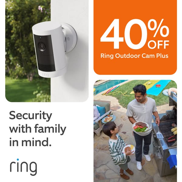 This image ad for Ring Outdoor Cam Plus features a family enjoying a backyard barbecue. The ad highlights security, fami