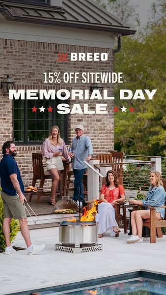 This ad promotes Breeo fire pits with a 15% off sitewide Memorial Day Sale. The image shows a group of people enjoying a