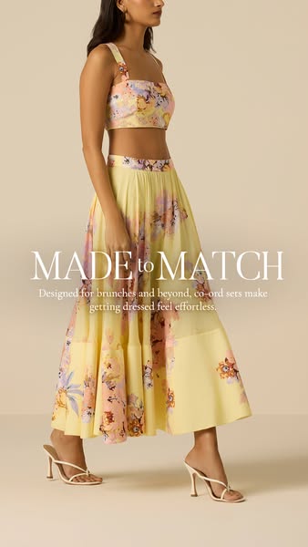 This image ad showcases a matching floral crop top and skirt set, emphasizing the effortless style and suitability for d