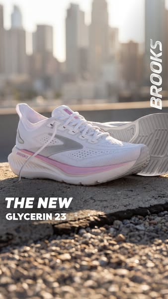 This image ad showcases the new Brooks Glycerin 23 running shoe. The image focuses on a close-up of the shoe set against