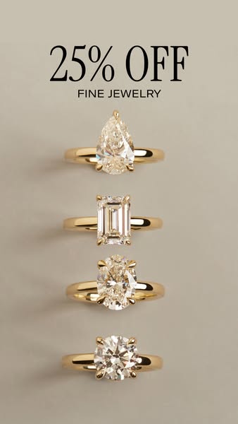 This image ad for fine jewelry showcases four different diamond ring styles and is offering 25% off.