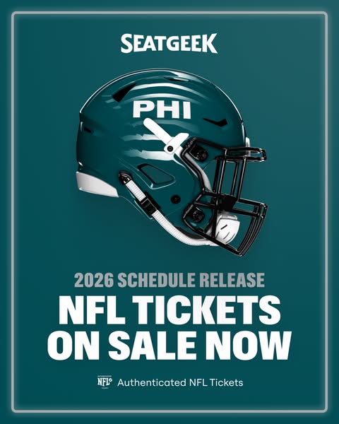 This ad by SeatGeek promotes the sale of NFL tickets for the 2026 schedule release. The image features an NFL helmet and