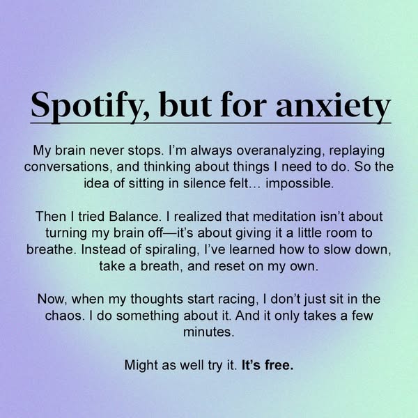 This image ad uses a long-form copy overlay to describe how the Balance app helps manage anxiety by providing guided med