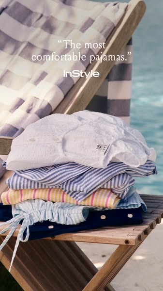 This ad features a stack of pajamas placed on a beach chair, with a quote from InStyle calling them "the most comfo