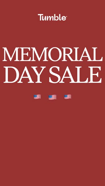 This is a static image ad from Tumble promoting their Memorial Day sale. The background of the ad is a deep red and the 