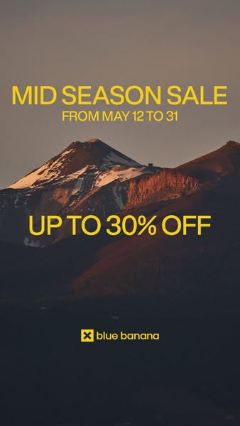 This image ad for Blue Banana promotes a mid-season sale offering up to 30% off. The ad features a serene mountain lands