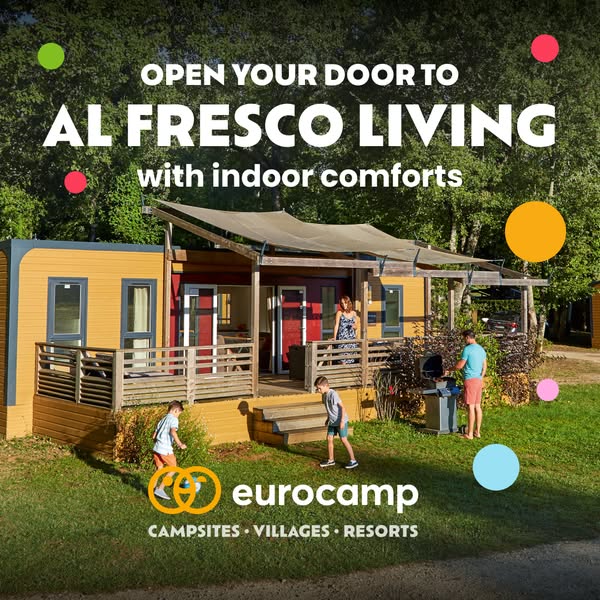 This ad showcases a Eurocamp campsite with a family enjoying an outdoor living space. The ad promotes the idea of 'a