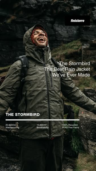 This Finisterre image ad emphasizes the high-performance of their Stormbird rain jacket, with callouts to its waterproof