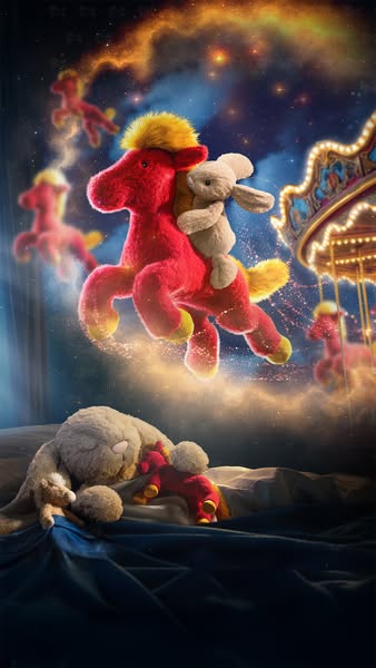This ad features a fantasy-themed image of stuffed animals on a bed, with a carousel and starry sky in the background. T