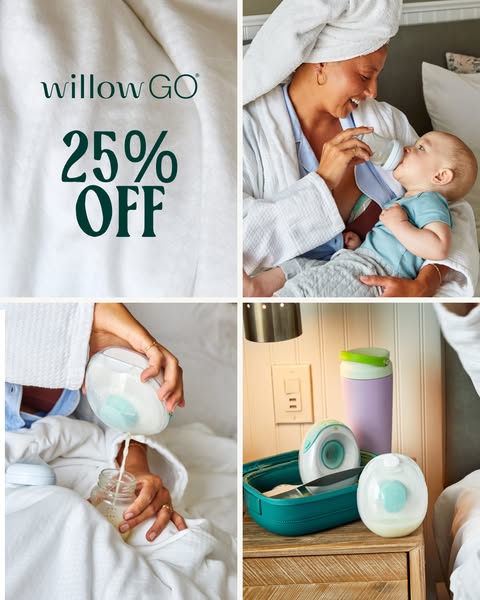 This four-panel image ad promotes Willow Go breast pumps, highlighting ease of use and a current 25% off promotion. The 