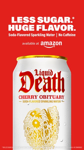 A can of Liquid Death Cherry Obituary soda-flavored sparkling water is advertised with the claims that it has less sugar