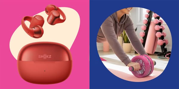 Split screen ad comparing wireless earbuds and a woman using an ab wheel.