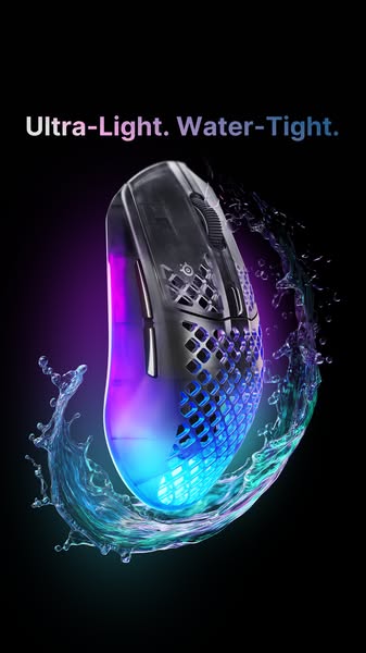 This image ad showcases the features of the product, a gaming mouse, highlighting it's ultra-light weight and water-