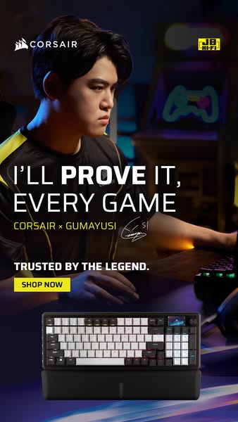 This image ad features an esports gamer, Gumayusi, endorsing a Corsair keyboard. The ad uses the gamer's credibility