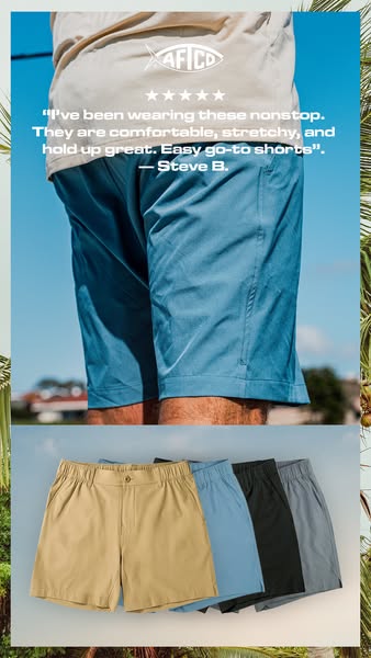 This ad features a man wearing a pair of blue AFICD shorts. Above him are the AFICD logo and a five-star rating. Below i