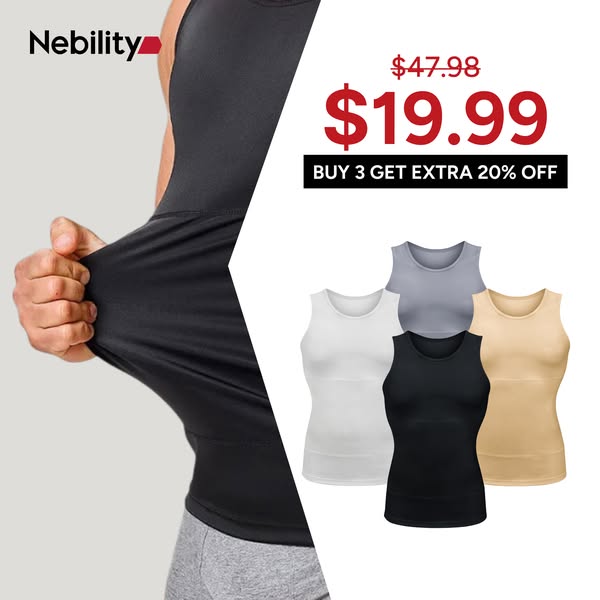 This image ad promotes Nebility shapewear compression tank tops. It features a sale and urges users to buy now.