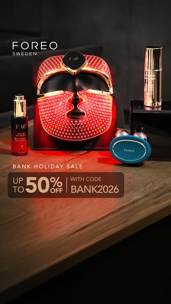 This ad promotes Foreo products, specifically highlighting their LED face mask and serum. It features a Bank Holiday Sal