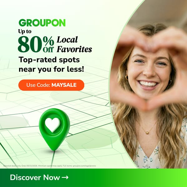 This Groupon ad promotes local favorites with an 80% discount and invites users to discover these deals using the code M