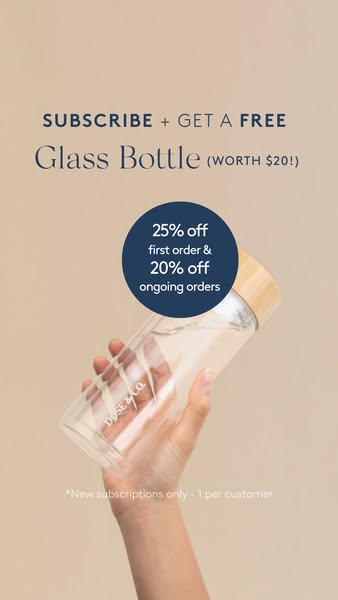 This ad is promoting a subscription service that includes a free glass bottle for new subscribers. It offers a discount 