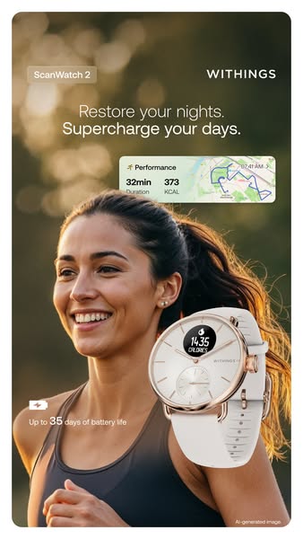 This ad showcases the Withings ScanWatch 2, emphasizing its ability to monitor sleep and activity. It features a woman r