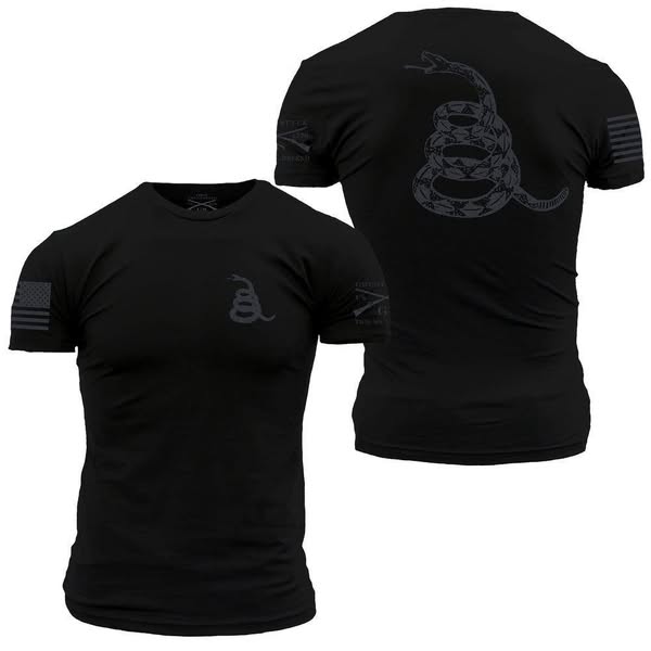 Image featuring a black t-shirt with an American flag on the left sleeve and a coiled snake design with the words 'D