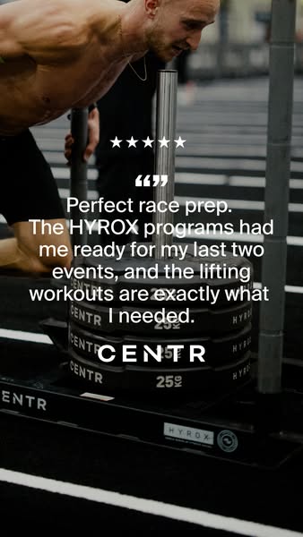 The ad features a testimonial from a person who uses the HYROX program to help them prepare for races and weight lifting