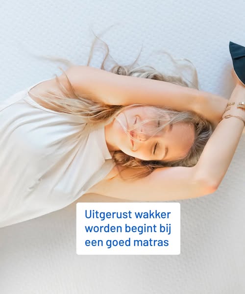 An ad promoting a good mattress for good sleep. It features a woman lying on her back with her eyes closed and her arms 