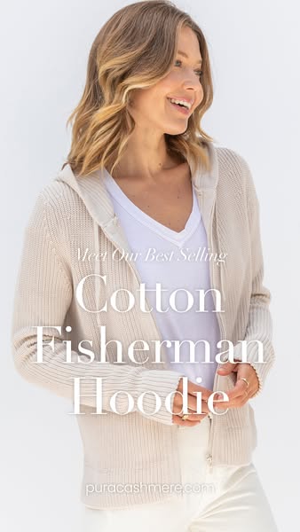 This image ad highlights a best-selling cotton fisherman hoodie from Pura Cashmere, targeting an audience interested in 