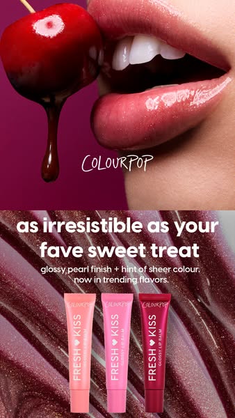 This ad promotes ColourPop's Fresh Kiss Glossy Lip Balm. The ad showcases a close-up shot of glossy lips next to a c