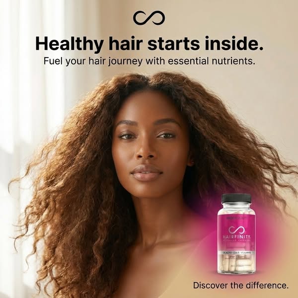 This ad for Hairfinity hair vitamins features a woman with long, healthy-looking hair and promotes the product as fuelin