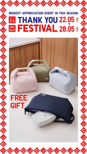 This image ad for Uniqlo promotes a Thank You Festival event taking place from May 22nd to May 28th, featuring a free gi