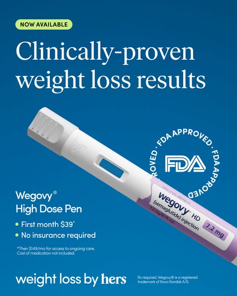 This ad promotes Wegovy, highlighting its clinically proven weight loss results. It features the Wegovy High Dose Pen, m