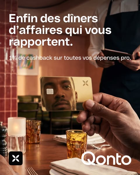 This ad showcases the Qonto card being used to pay for a business dinner. The ad highlights the cashback benefit for bus