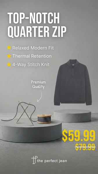 This image ad showcases a gray quarter zip sweater from The Perfect Jean, highlighting its relaxed modern fit, thermal r