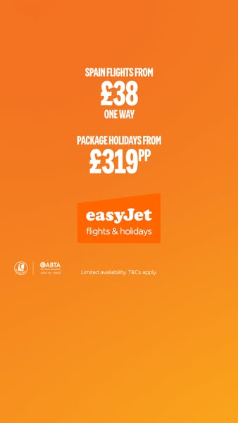 This image ad by EasyJet promotes cheap flights to Spain and low-cost package holidays. It features an orange gradient b