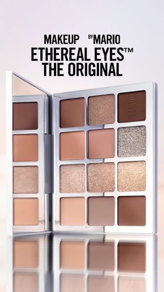 A still shot of the Makeup By Mario Ethereal Eyes eyeshadow palette. The palette is opened, and the image focuses on the