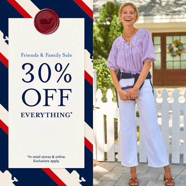 The ad showcases the brand's Friends & Family sale, offering a 30% discount on everything. The visual features a