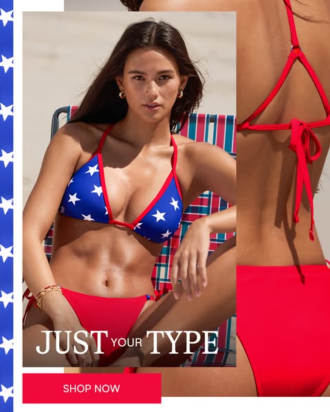 This ad features a woman wearing a bikini with an American flag-themed top and red bottoms. The text overlay promotes th