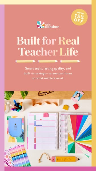 This image ad for Erin Condren targets teachers by highlighting the brand's tools and quality, emphasizing their abi