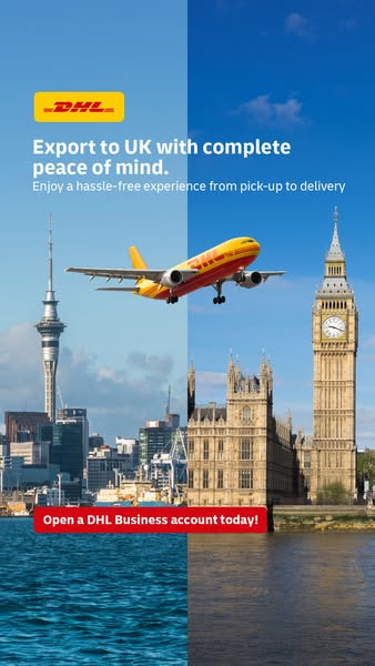 This ad promotes DHL for hassle-free export to the UK, emphasizing peace of mind and ease of service from pickup to deli