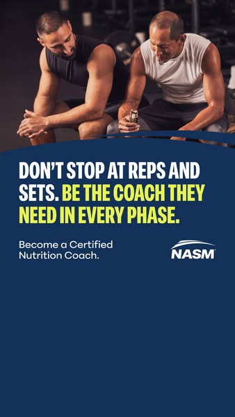 This vertical image ad from NASM promotes becoming a certified nutrition coach. The image features two men at the gym an