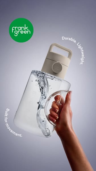 This ad showcases the Frank Green water bottle, emphasizing its durability, lightweight design, and suitability for an a