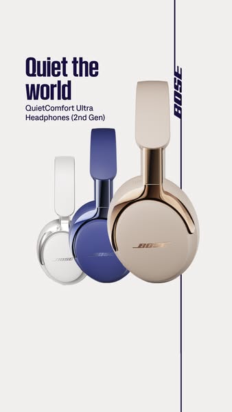 This ad showcases Bose's QuietComfort Ultra Headphones (2nd Gen) in a minimalist design, emphasizing noise cancellat