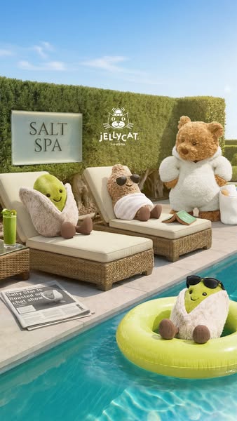 This lifestyle-focused ad features Jellycat stuffed toys relaxing at a spa and pool. There is an avocado and a potato pl